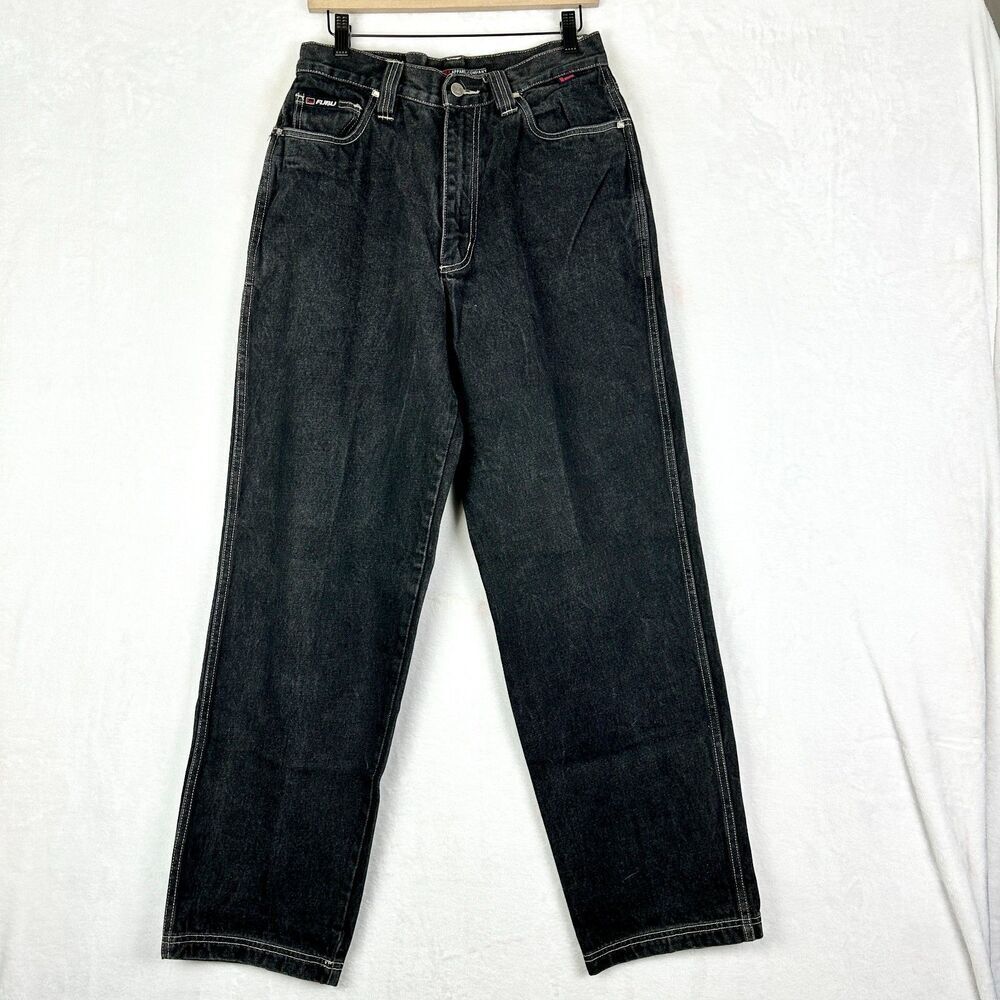 Fubu Vintage Baggy 90s Y2K Jeans Size 32x34 Black Loose Fit Wide Leg Streetwear